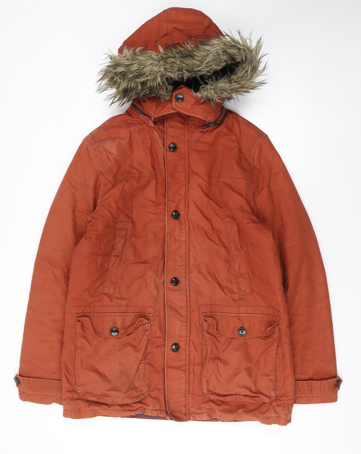 Ted Baker Men's Brown L Hooded Cotton Parka Coat with Faux Fur Trim