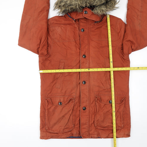 Ted Baker Men's Brown L Hooded Cotton Parka Coat with Faux Fur Trim