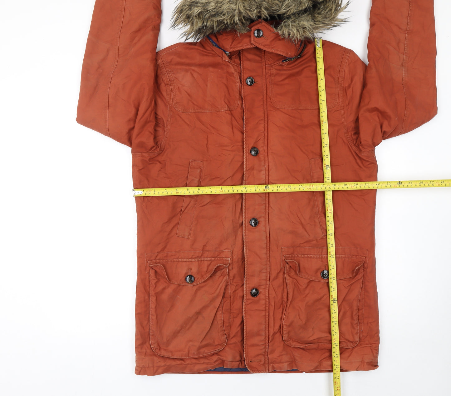 Ted Baker Men's Brown L Hooded Cotton Parka Coat with Faux Fur Trim