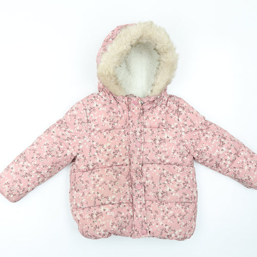 George Girls Pink Floral Hooded Puffer Coat 2-3 Years - Lined Winter Jacket