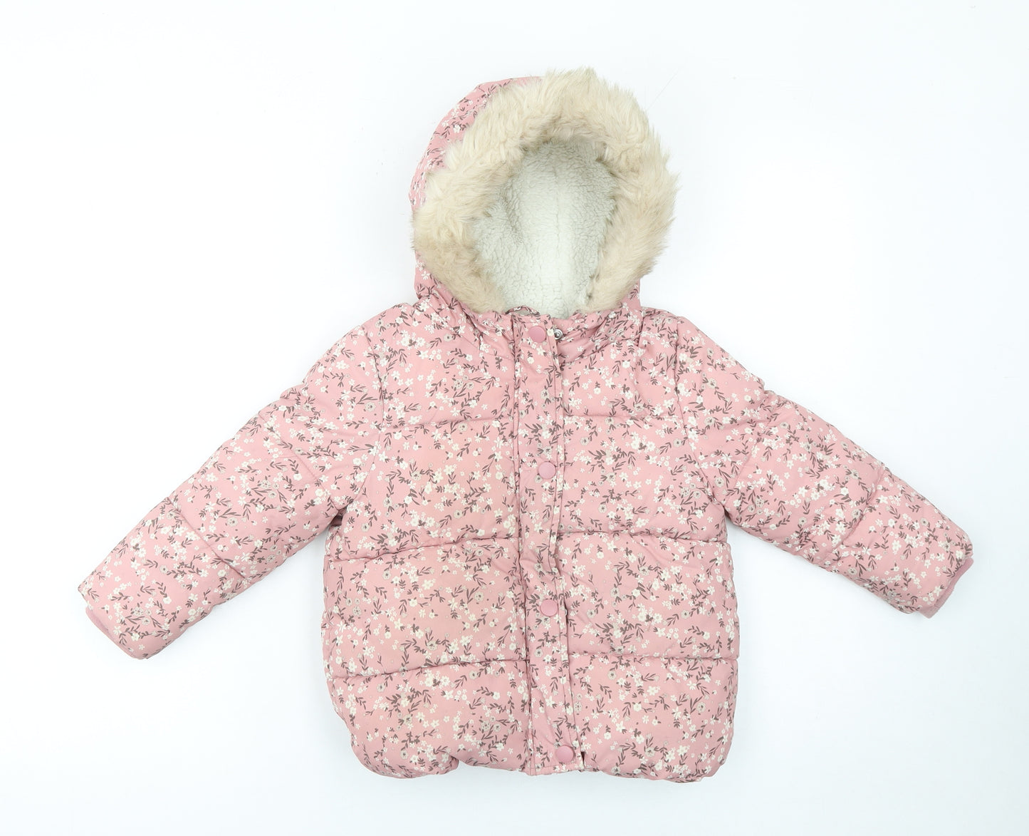 George Girls Pink Floral Hooded Puffer Coat 2-3 Years - Lined Winter Jacket