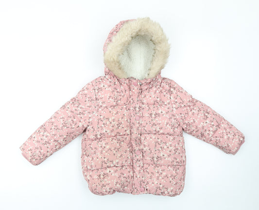 George Girls Pink Floral Hooded Puffer Coat 2-3 Years - Lined Winter Jacket