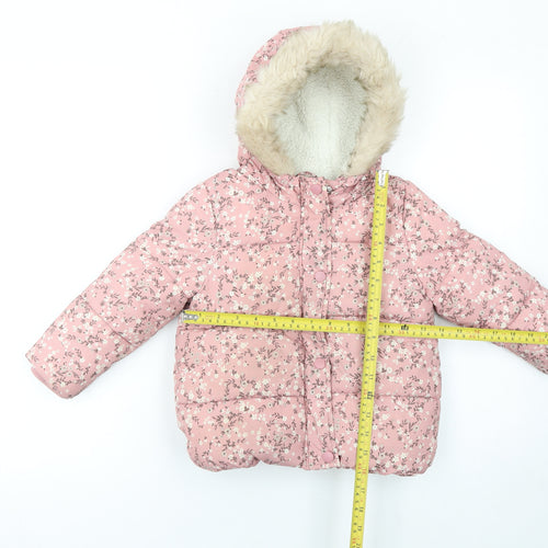 George Girls Pink Floral Hooded Puffer Coat 2-3 Years - Lined Winter Jacket