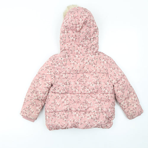 George Girls Pink Floral Hooded Puffer Coat 2-3 Years - Lined Winter Jacket