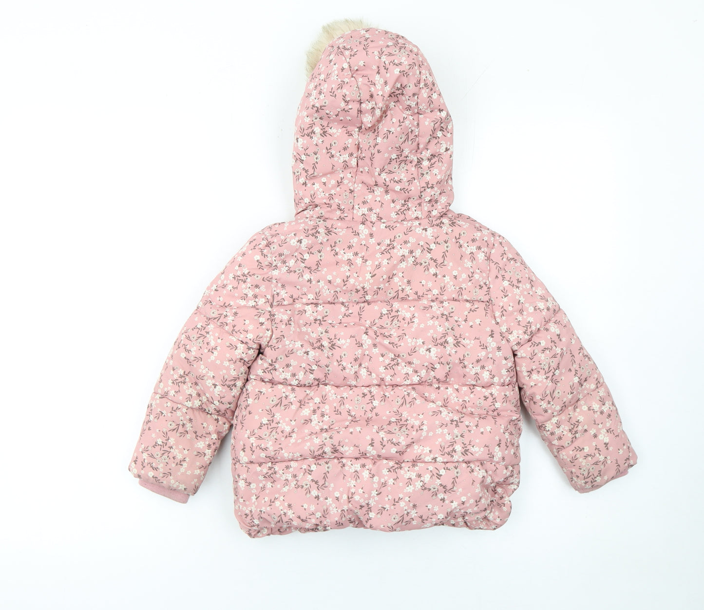George Girls Pink Floral Hooded Puffer Coat 2-3 Years - Lined Winter Jacket