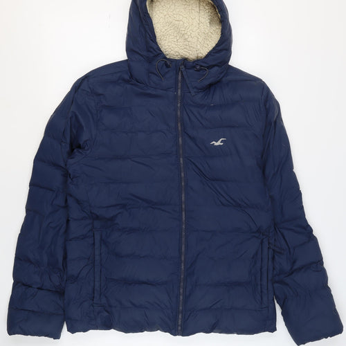 Hollister Mens Blue Hooded Down Puffer Jacket L Winter Warm