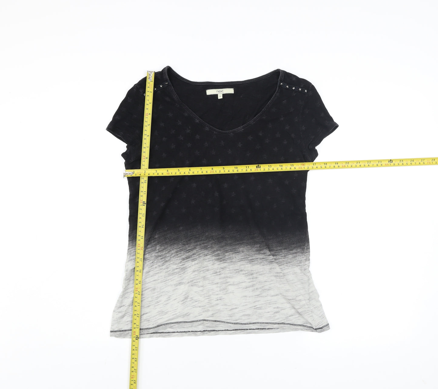 Next Womens Black Ombre Studded V-Neck Cotton T-Shirt Size 10