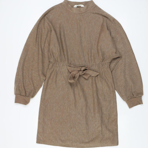 Primark Women Brown Size 14 Knit Belted Sweater Dress Long Sleeve