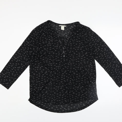 H&M Women’s Black Animal Print 3/4 Sleeve V-Neck Blouse Size 12