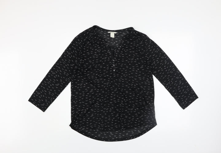 H&M Women’s Black Animal Print 3/4 Sleeve V-Neck Blouse Size 12