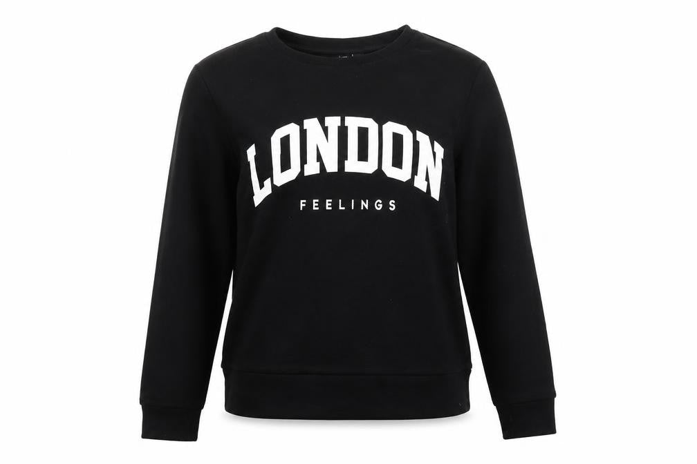 Front view of Pieces Women's Black London Graphic Pullover Sweatshirt, size S