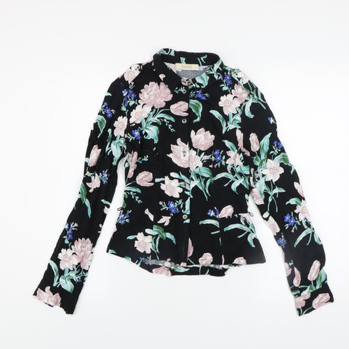 Oasis Women’s Black Floral Long Sleeve Collared Viscose Blouse Size 6