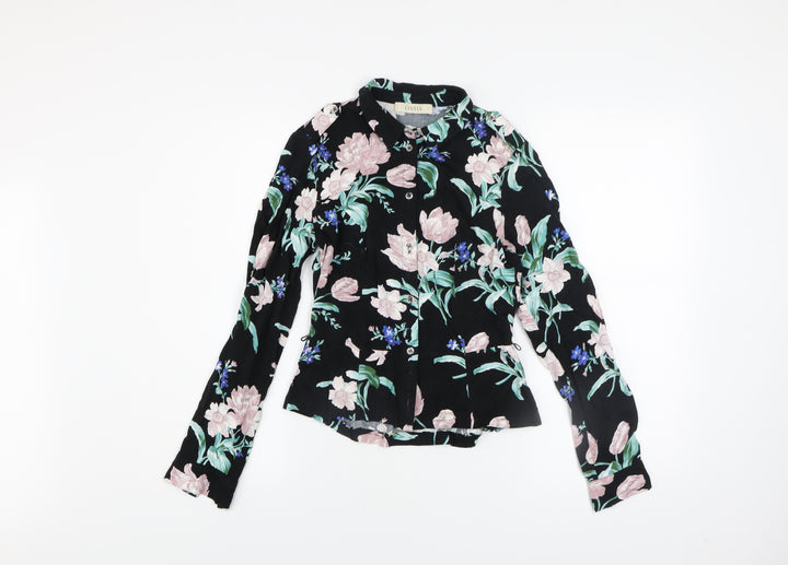 Oasis Women’s Black Floral Long Sleeve Collared Viscose Blouse Size 6