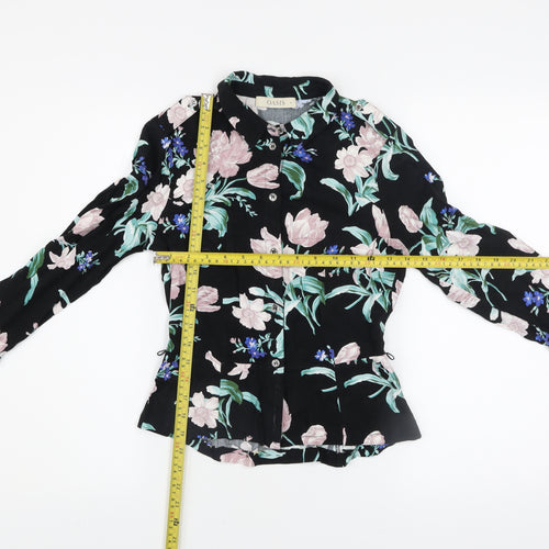 Oasis Women’s Black Floral Long Sleeve Collared Viscose Blouse Size 6