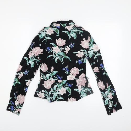 Oasis Women’s Black Floral Long Sleeve Collared Viscose Blouse Size 6