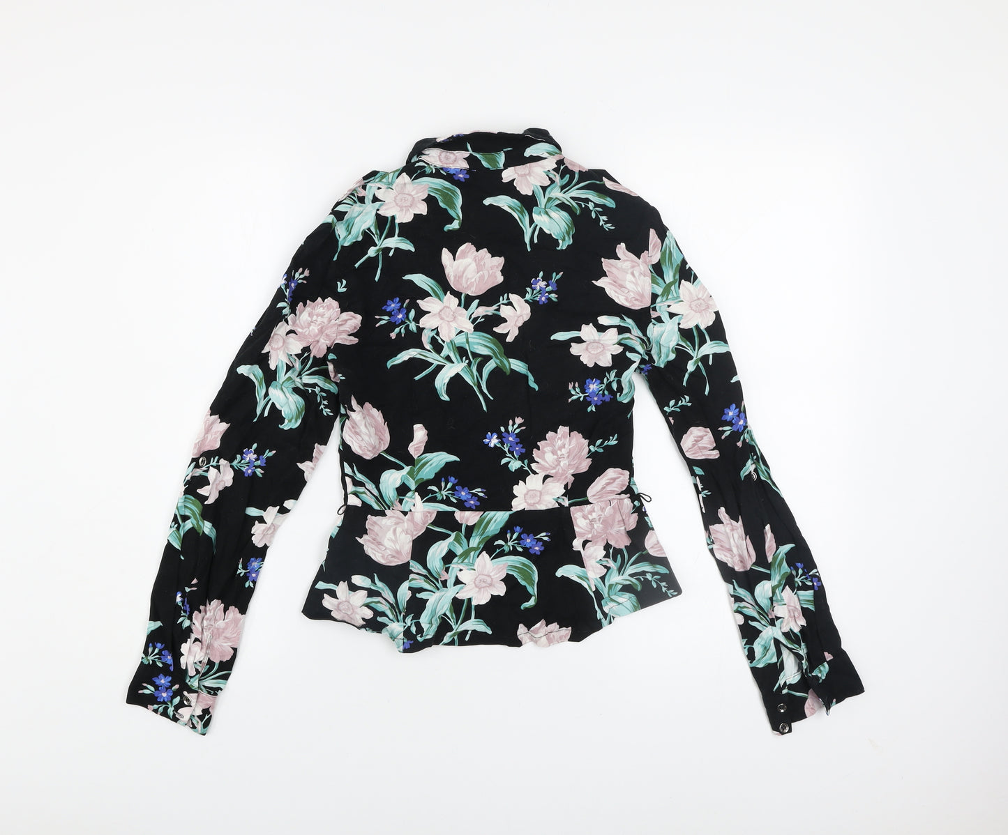 Oasis Women’s Black Floral Long Sleeve Collared Viscose Blouse Size 6