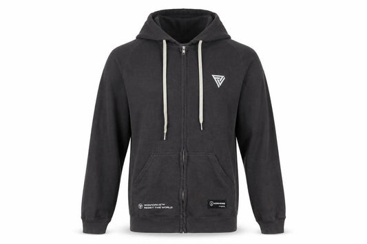 Front view of Gaming Never Dies men’s grey xl zip hoodie full zip casual jacket