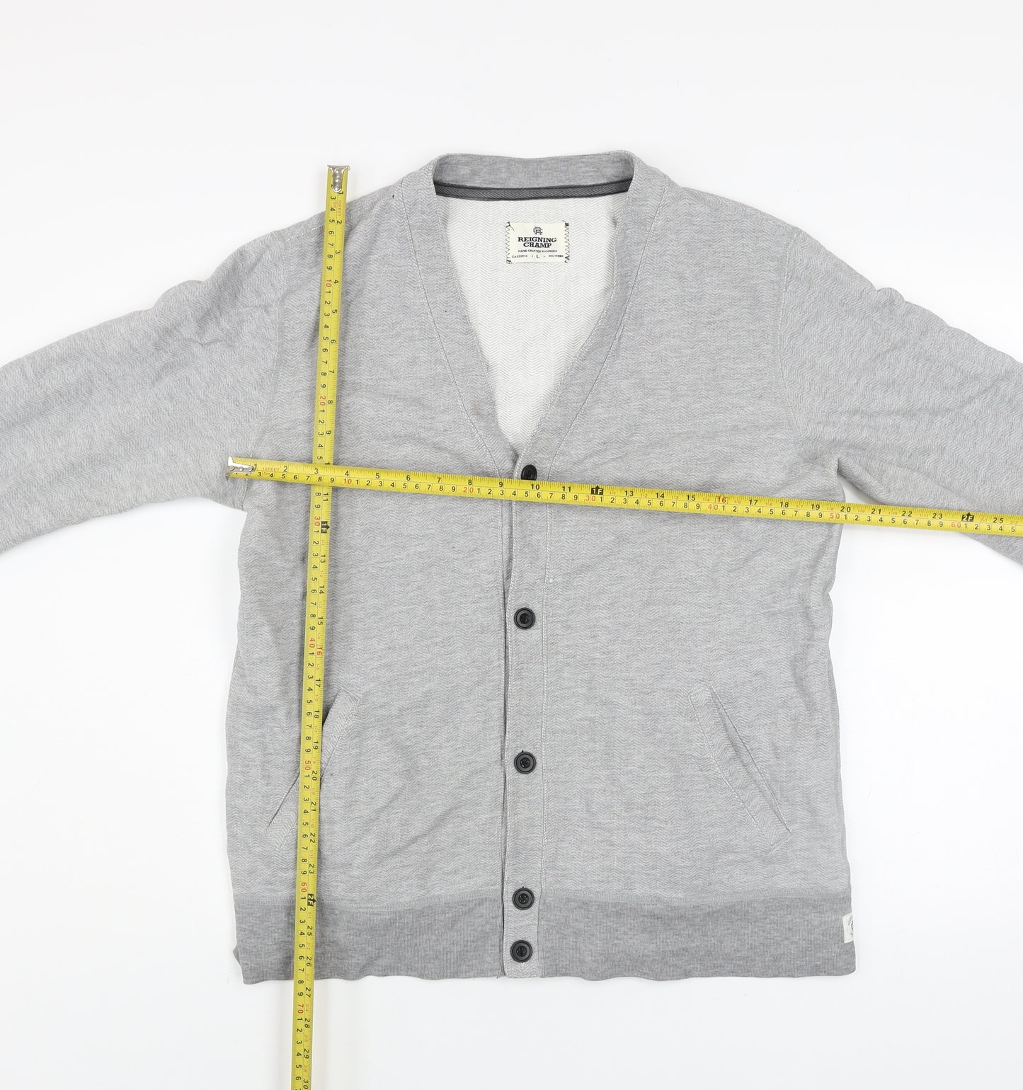 Reigning Champ Men's Grey L Cardigan V-Neck Cotton Knit Jumper