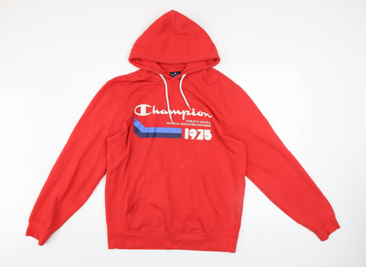 Champion Mens Red Pullover Hoodie Large Logo 1975 Graphic Sweatshirt