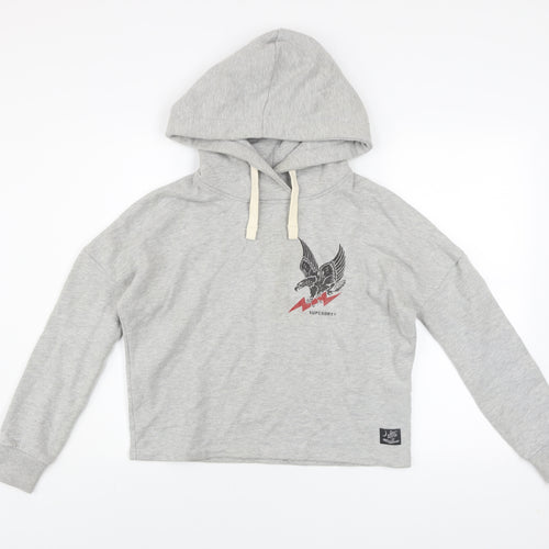 Superdry Womens Grey Hooded Pullover Hoodie UK 6 Eagle Print