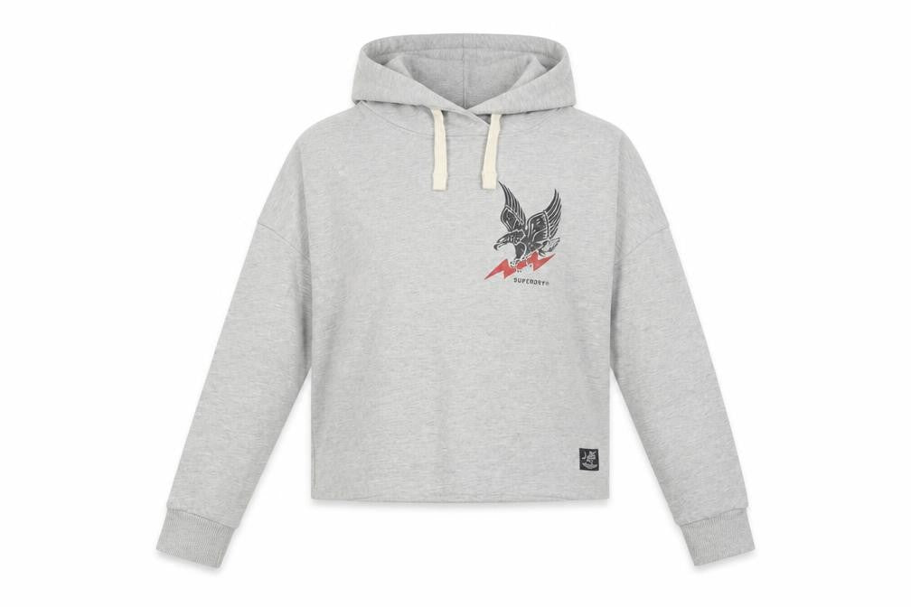 Front view of Superdry women’s grey hooded pullover hoodie uk 6 eagle print