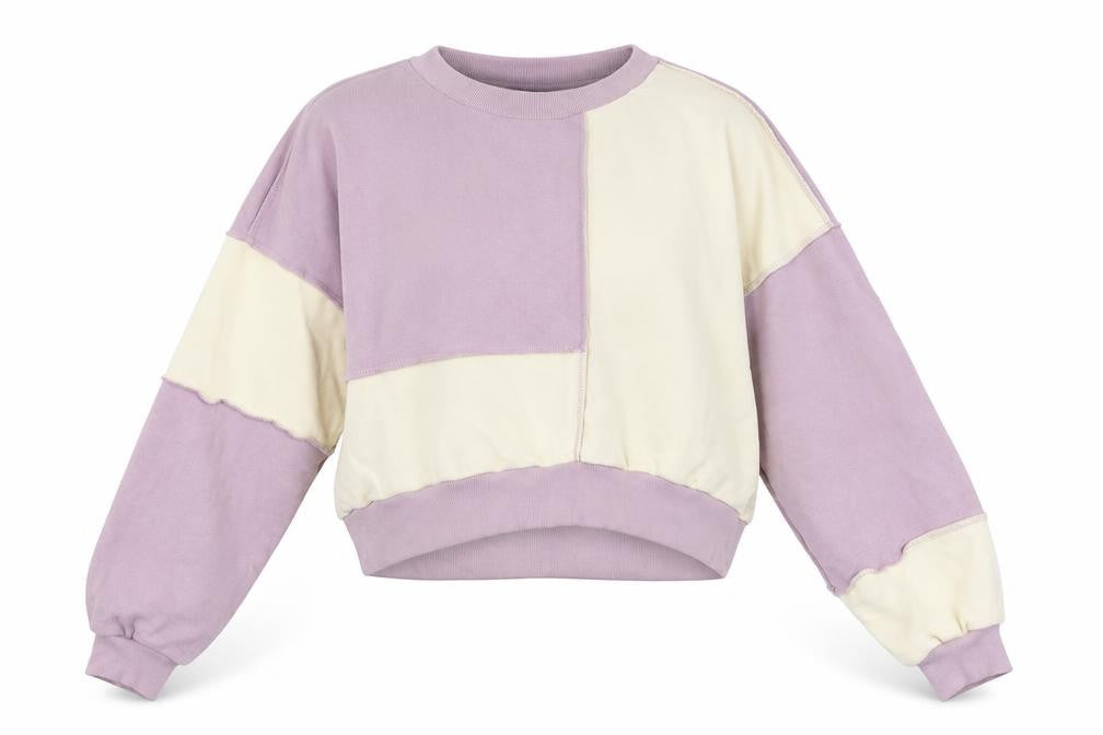 Front view of Monki women’s purple beige colourblock sweatshirt m cotton blend