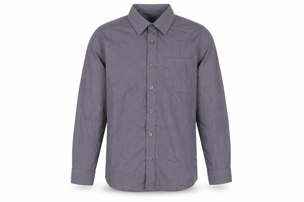 Front view of Dunnes boys’ grey long sleeve button-up shirt 13-14 years