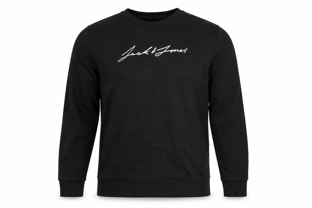 Front view of Jack & Jones men’s black logo pullover sweatshirt, size S