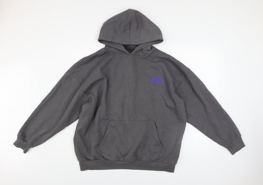 boohoo Men’s Grey Pullover Hoodie M Fleece Logo Graphic Sweatshirt