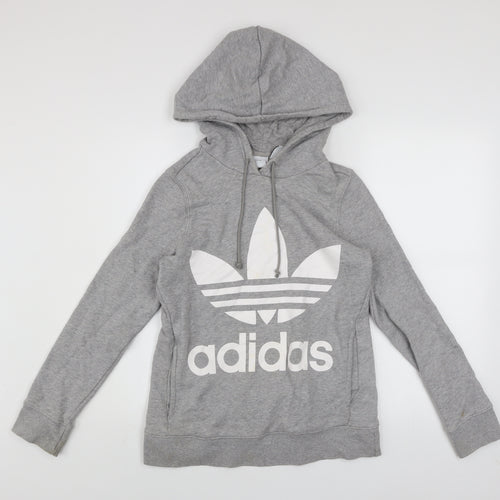 Adidas Women Grey Hooded Pullover Sweatshirt Size 6 Logo Print Cotton