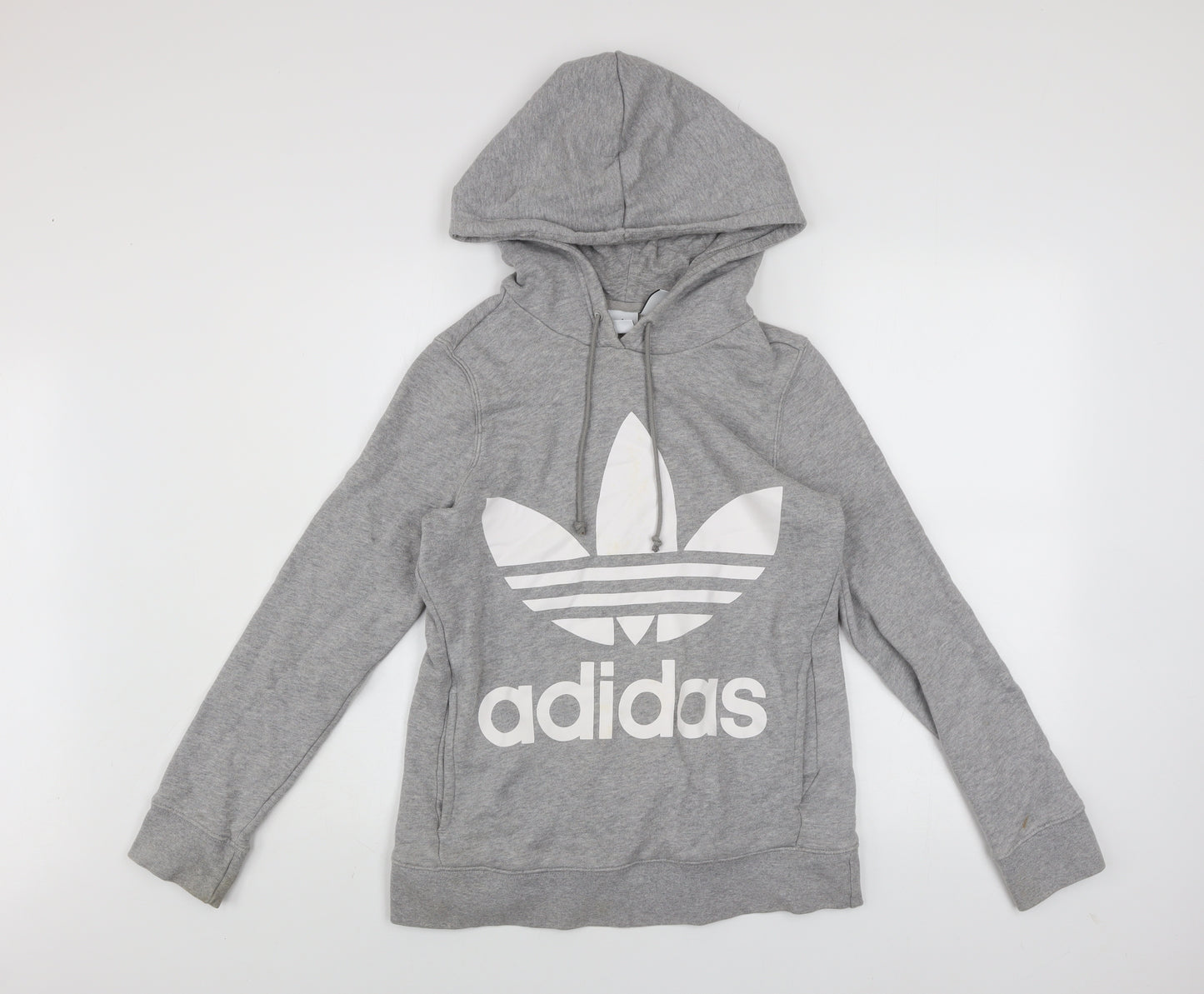 Adidas Women Grey Hooded Pullover Sweatshirt Size 6 Logo Print Cotton