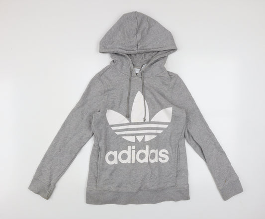 Adidas Women Grey Hooded Pullover Sweatshirt Size 6 Logo Print Cotton