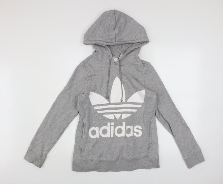 Adidas Women Grey Hooded Pullover Sweatshirt Size 6 Logo Print Cotton