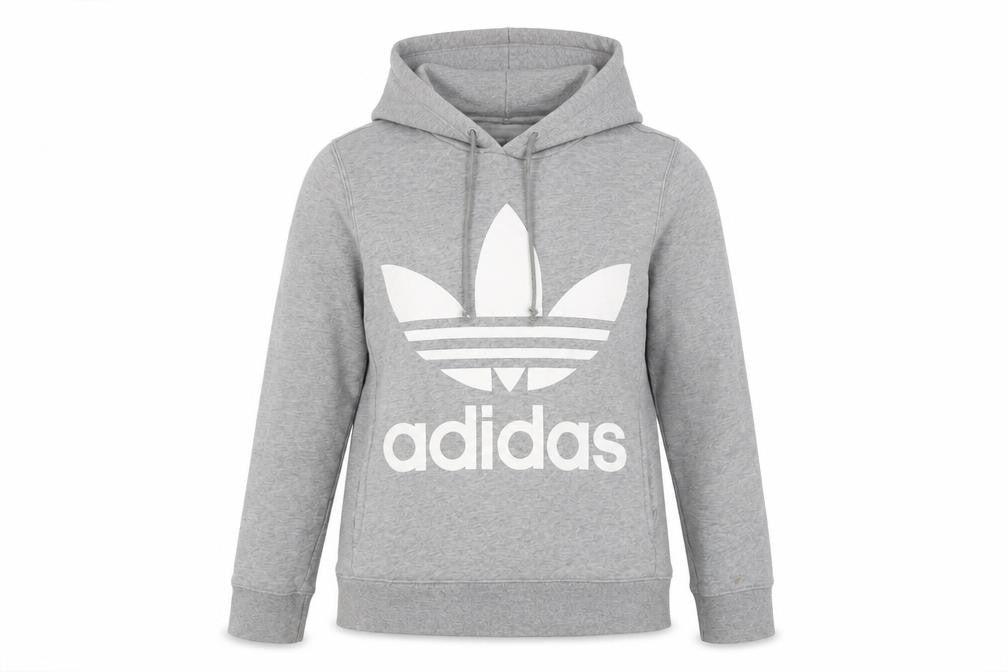 Front view of Adidas Women Grey Hooded Pullover Sweatshirt, size 6, Logo Print Cotton