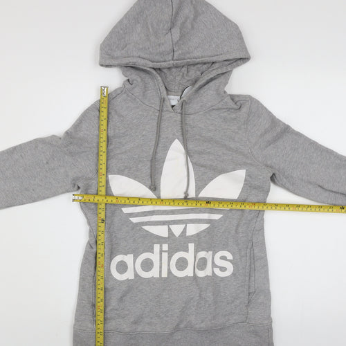 Adidas Women Grey Hooded Pullover Sweatshirt Size 6 Logo Print Cotton
