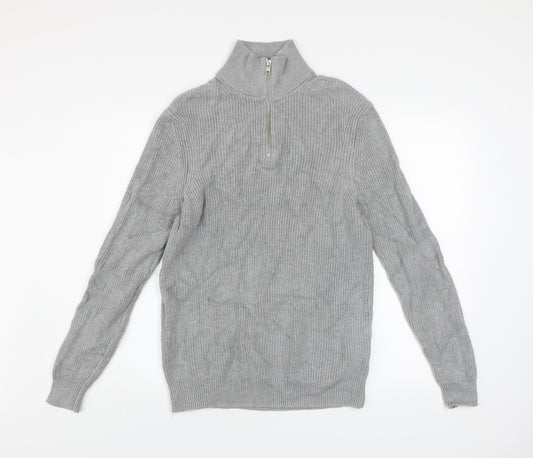 Zara Men's Grey Cotton 1/2 Zip High Neck Jumper Size M