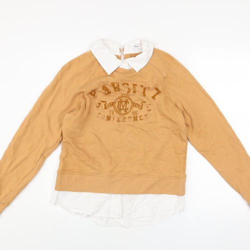 Next Women Beige Varsity Pullover Sweatshirt S 100% Cotton Collared