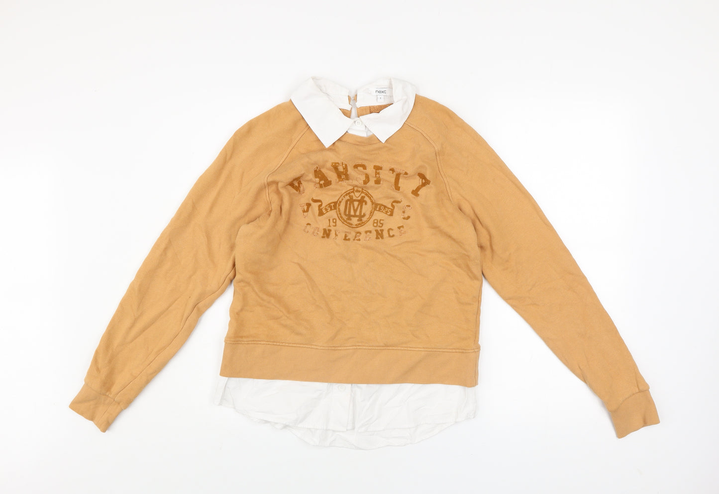 Next Women Beige Varsity Pullover Sweatshirt S 100% Cotton Collared