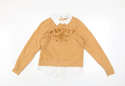 Next Women Beige Varsity Pullover Sweatshirt S 100% Cotton Collared