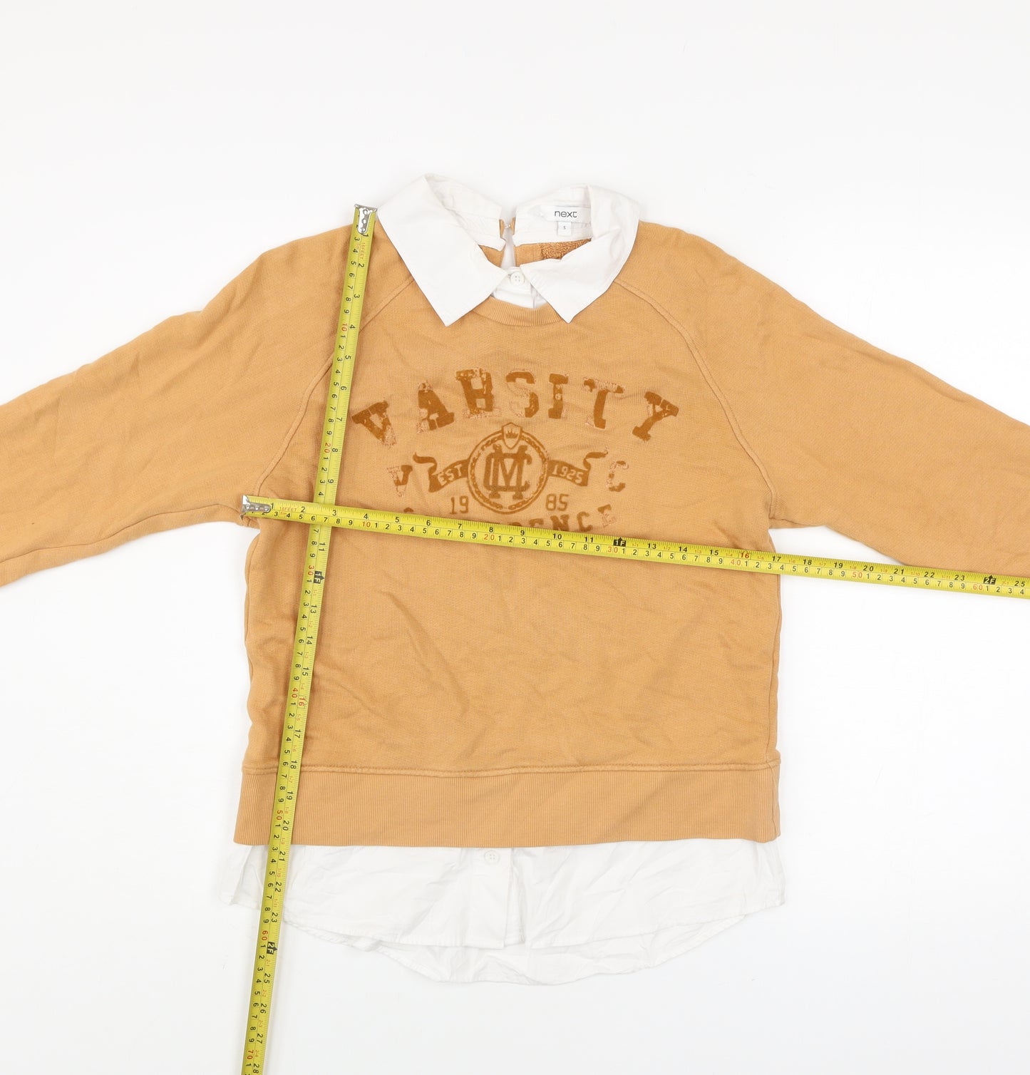 Next Women Beige Varsity Pullover Sweatshirt S 100% Cotton Collared