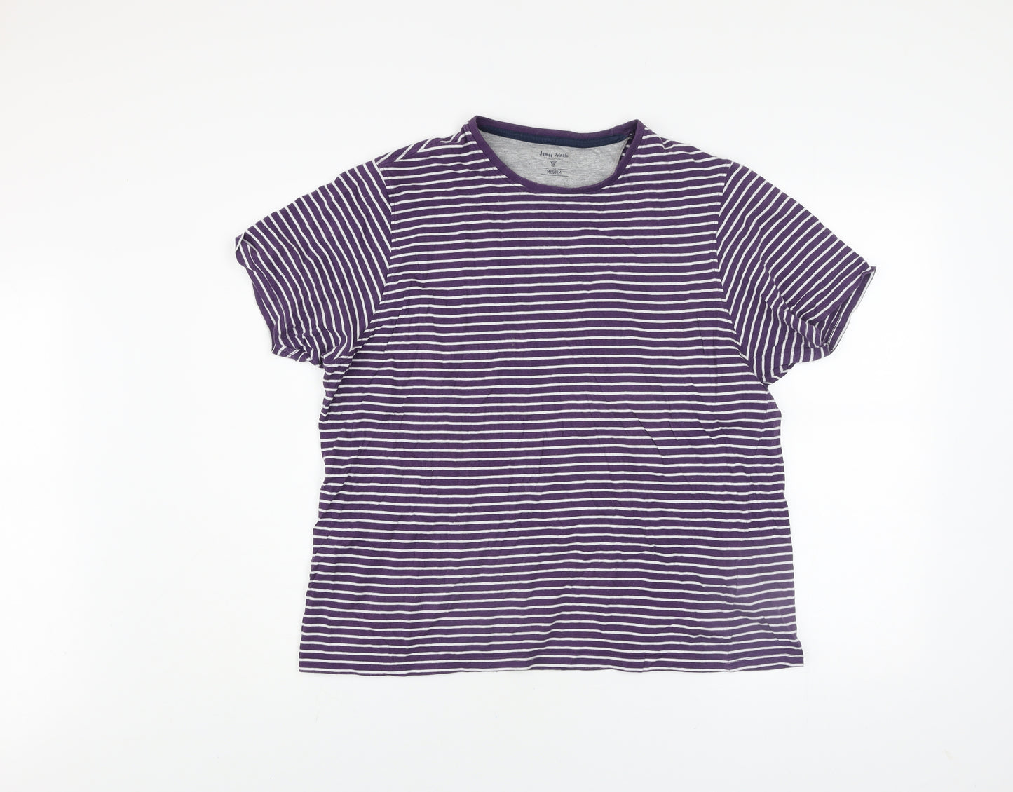 James Pringle Men's Purple Striped Cotton Crew Neck T-Shirt Medium