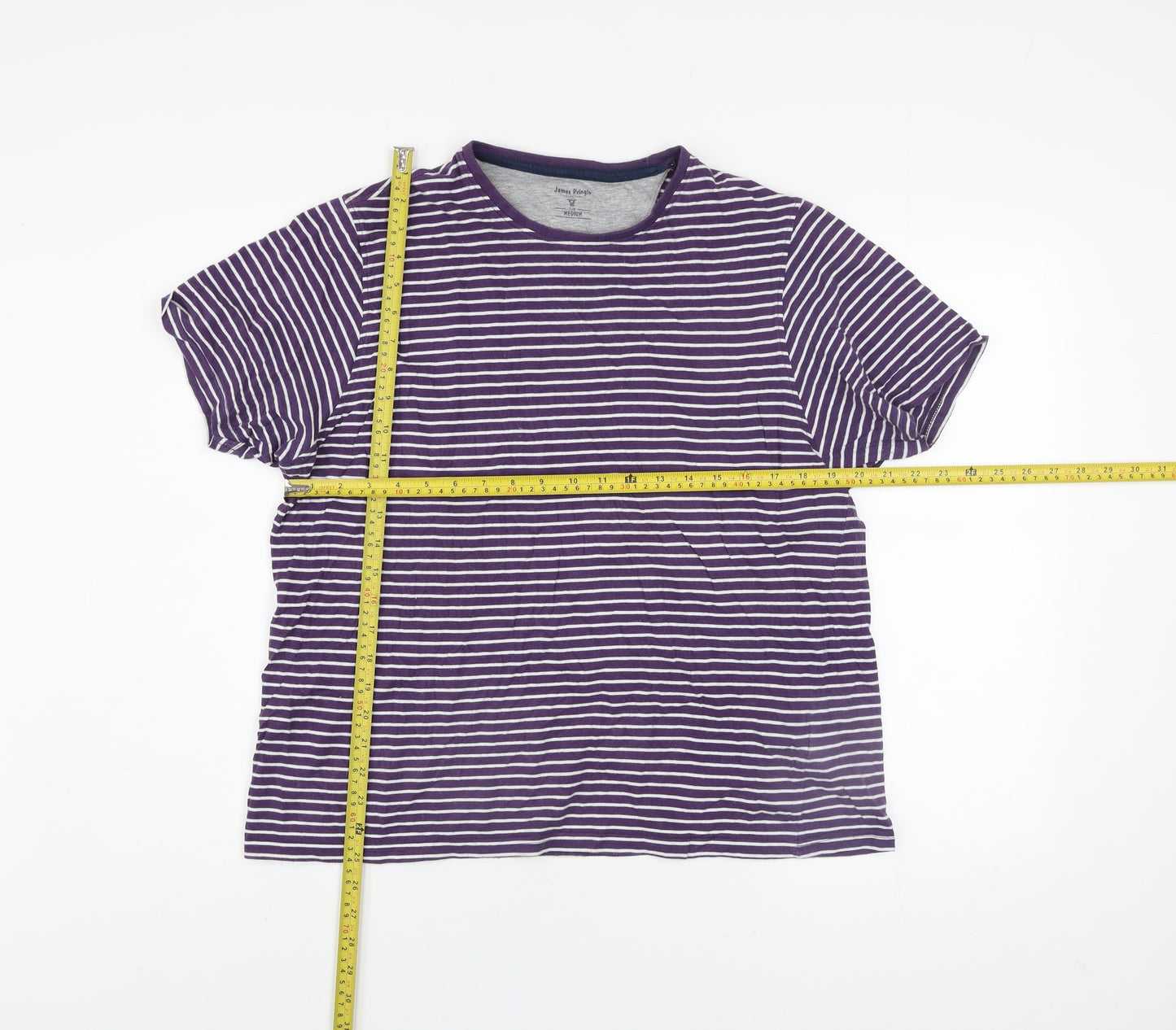 James Pringle Men's Purple Striped Cotton Crew Neck T-Shirt Medium