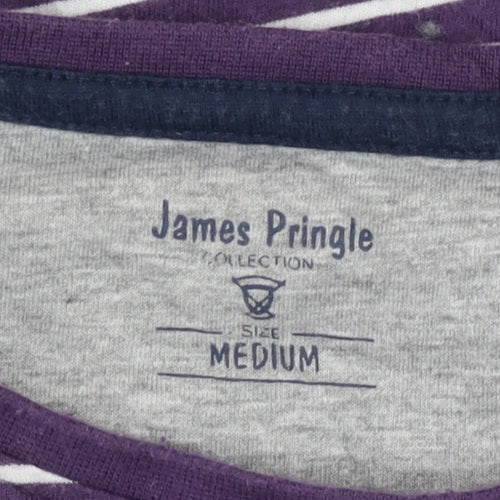 James Pringle Men's Purple Striped Cotton Crew Neck T-Shirt Medium