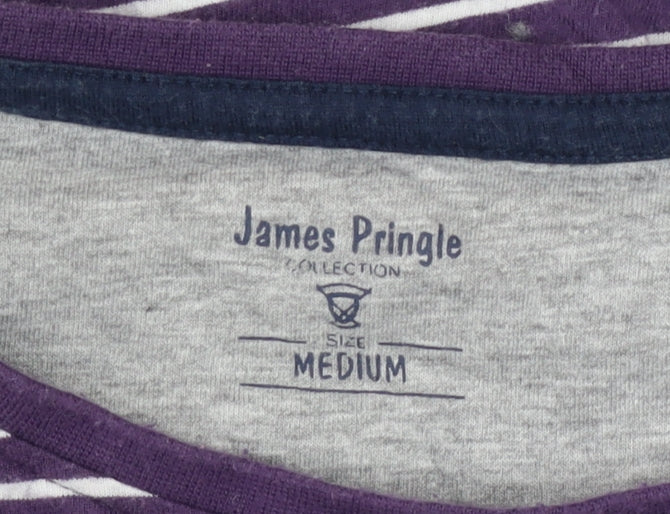 James Pringle Men's Purple Striped Cotton Crew Neck T-Shirt Medium