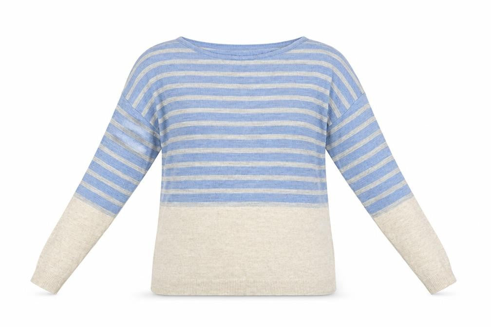Front view of FatFace women’s blue beige striped acrylic jumper, size UK 12