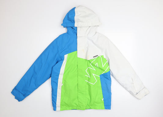 Wedze Boys Blue Green White Waterproof Ski Jacket 12 Years Hooded Winter Coat