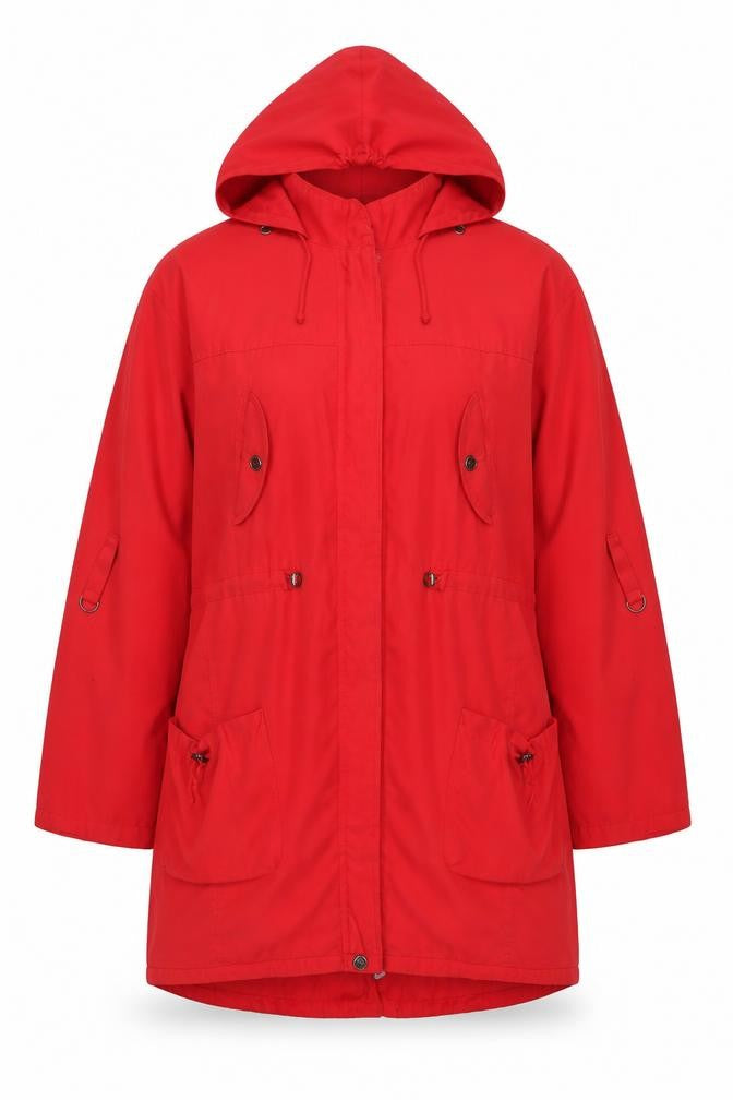 Front view of Challenge by Regatta women’s red hooded parka jacket, size UK 6