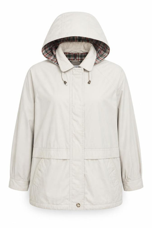 Front view of Berkertex Women’s Beige Hooded Parka Jacket, size UK 16, Lined Classic Style