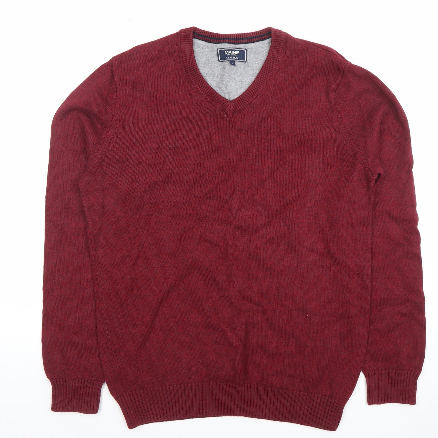 Maine New England Men's Red V-Neck Cotton Blend Jumper Size M