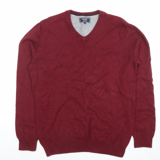 Maine New England Men's Red V-Neck Cotton Blend Jumper Size M